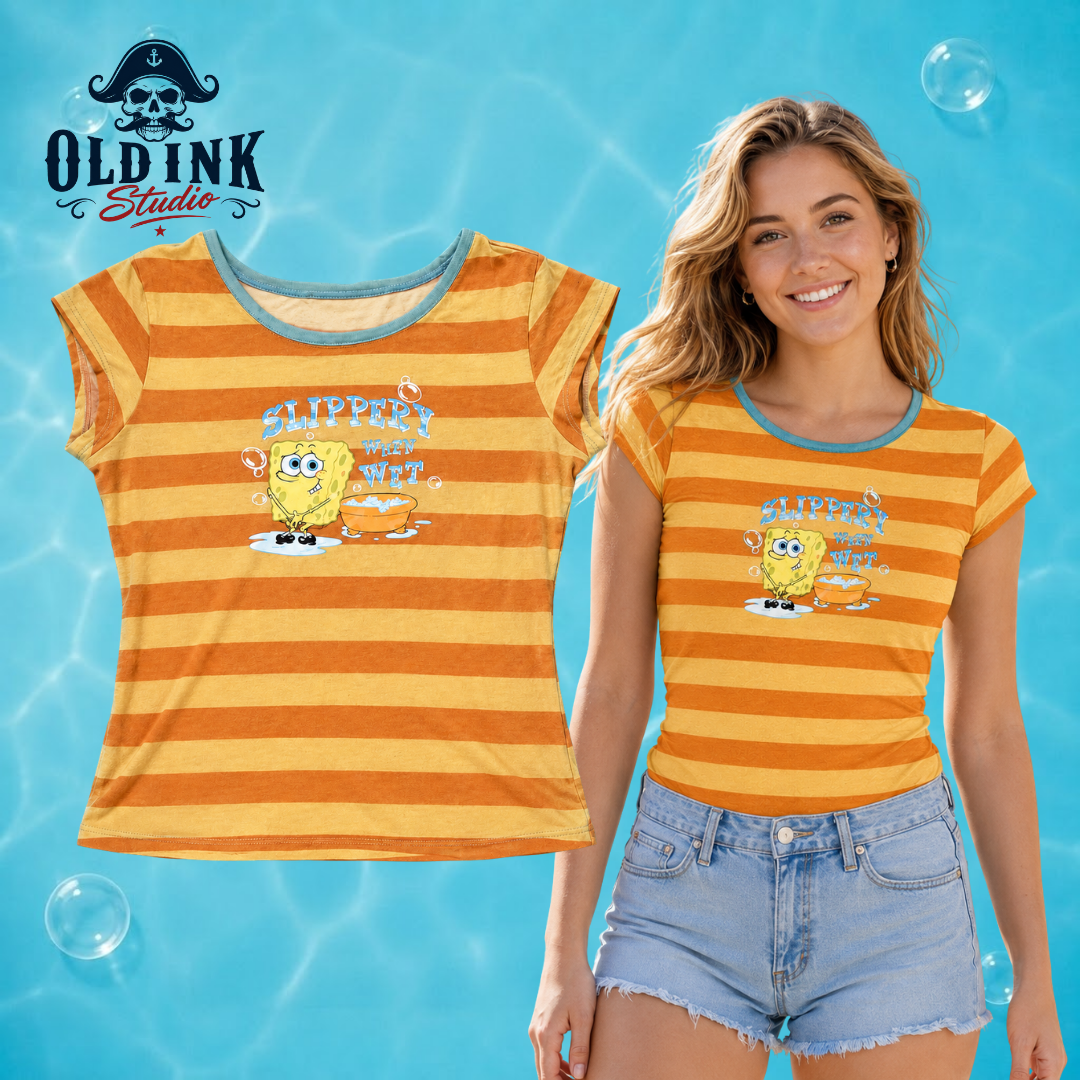 Y2K Vintage SpongeBob Slippery When Wet Striped Baby Tee 2026